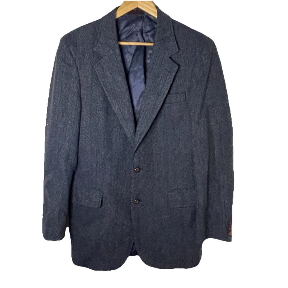VTG Blue Herringbone Striped Tweed Wool Sport Coat Blazer Ivy League 39 Chest